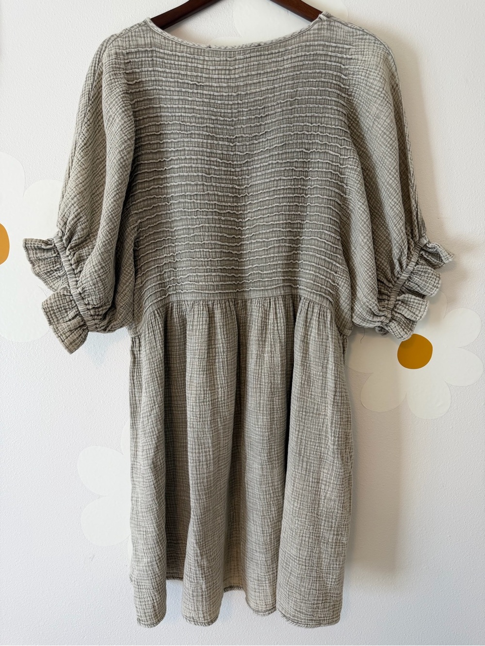 Three Bird Nest Quinn Puff Sleeve Smocked Cotton Gauze Boho Mini Dress in Ash - Picture 10 of 15